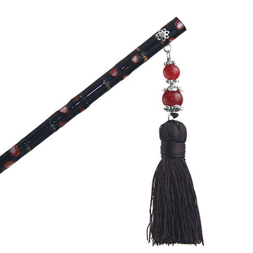 Lacquered Ironwood Hair Stick w/ Beads Tassels Black